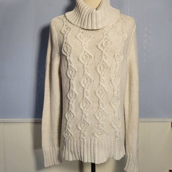 Ann Taylor Loft Medium White Silver Shimmer Cable Knit Longsleeve Turtleneck - Picture 1 of 8